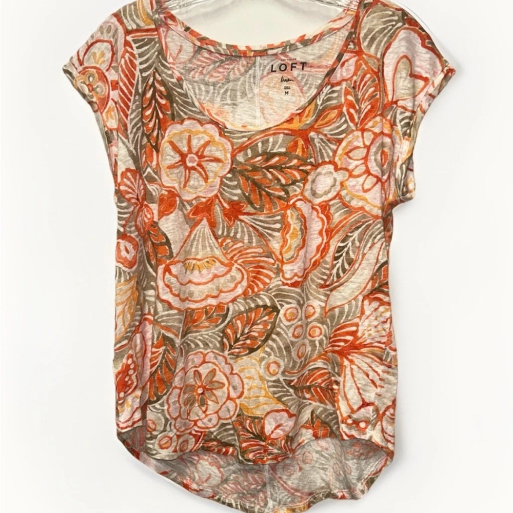 Loft 100% LINEN Women's Coral Floral Short Sleeve Blouse SZ Medium